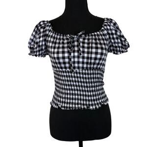 Planet Gold Gingham Smocked Crop Top S Black